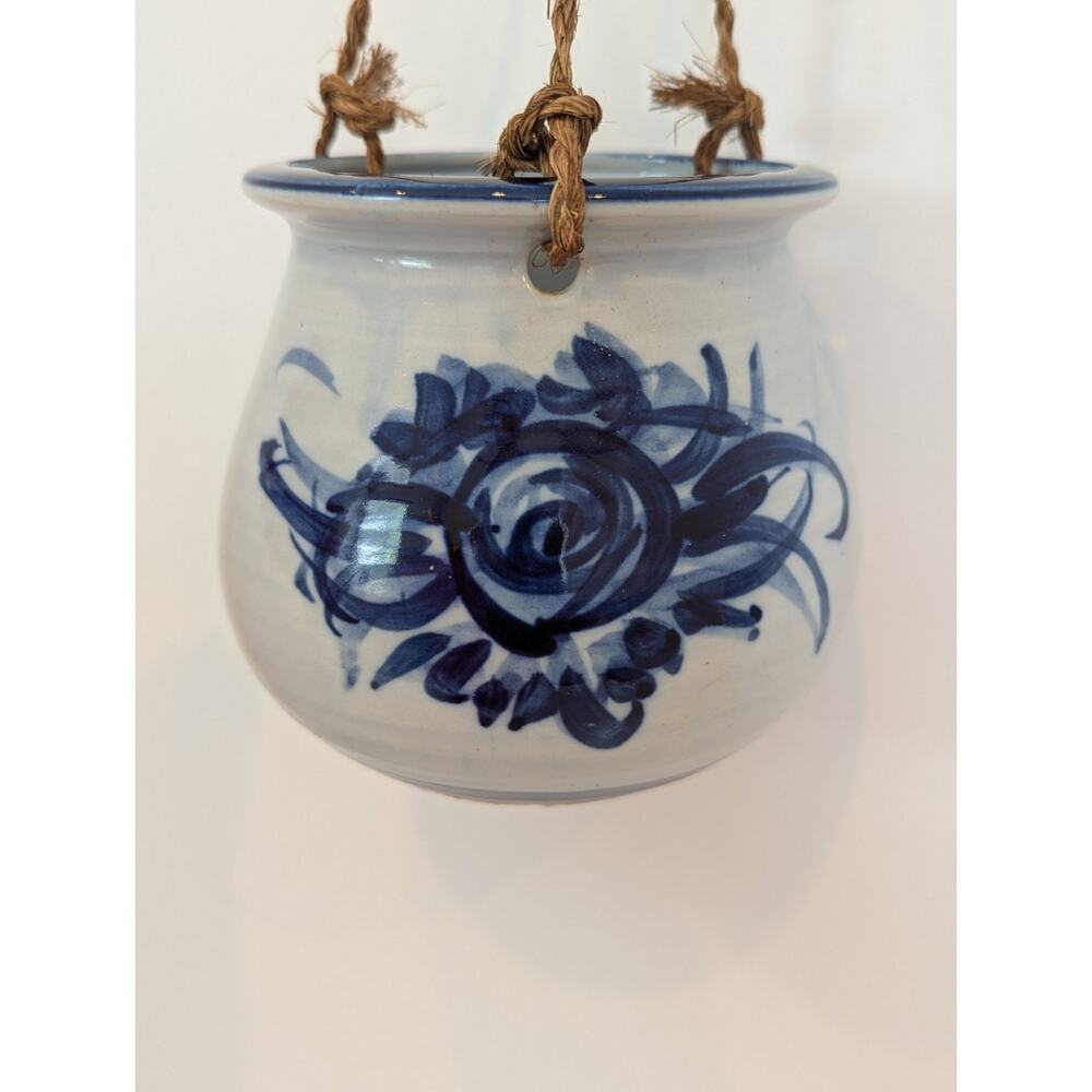 Ceramic Hanging Planter, Cobalt Blue Design, Japan Made, Boho Grandmillennial - Picture 5 of 11